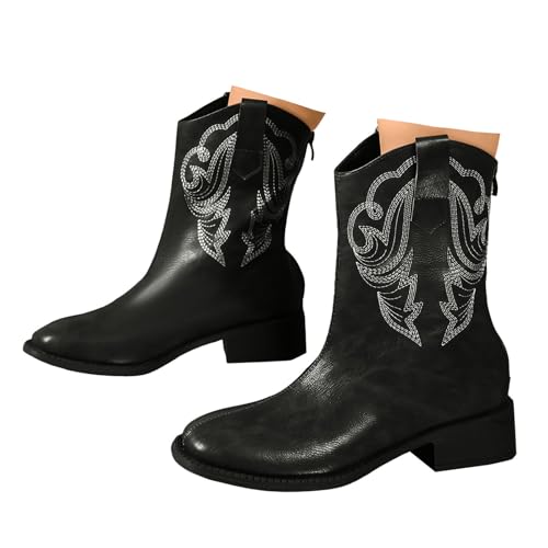 Xbemkste Stiefeletten Damen Blockabsatz Stickereien Spitze Zehe mit Reißverschluss Cowboystiefel Vintage Westernstiefel Halbstiefel Winterstiefel Halbschaft Boots (40.5) von Xbemkste