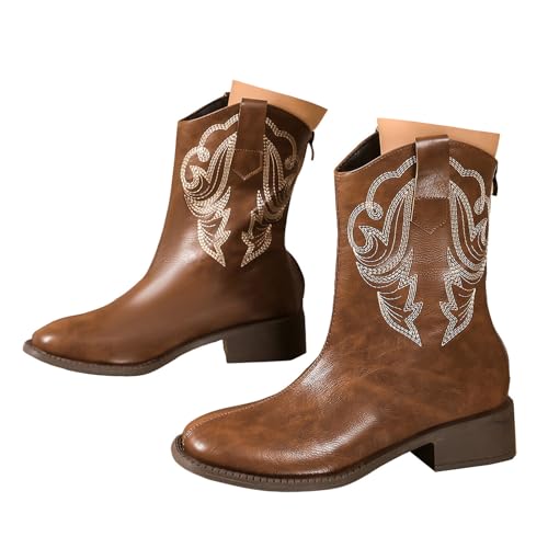 Xbemkste Stiefeletten Damen Blockabsatz Stickereien Spitze Zehe mit Reißverschluss Cowboystiefel Vintage Westernstiefel Halbstiefel Winterstiefel Halbschaft Boots (Brown, 36) von Xbemkste
