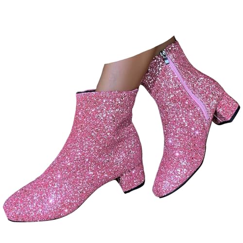 Xbemkste Stiefeletten Damen Chunky Heels Ankle Boots Glitzer Kurzschaft Boots mit Reißverschluss Party Hochzeit Schuhe Elegant Damenstiefel Schicke Weitschaftstiefel (36) von Xbemkste