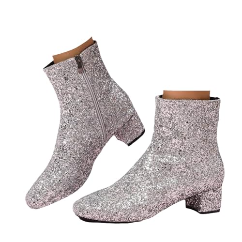 Xbemkste Stiefeletten Damen Chunky Heels Ankle Boots Glitzer Kurzschaft Boots mit Reißverschluss Party Hochzeit Schuhe Elegant Damenstiefel Schicke Weitschaftstiefel (37.5) von Xbemkste