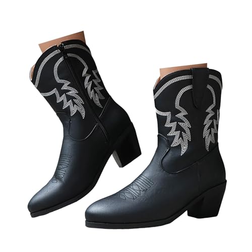 Xbemkste Stiefeletten Damen Cowboystiefel Stickereien Halbschaft Bequemer Absatz Ankle Boots Westernstiefel Elegant Damenstiefel Kurzschaft Boots Knöchelstiefel (37) von Xbemkste