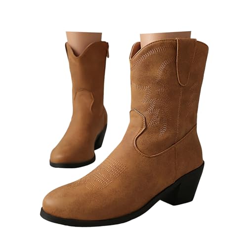 Xbemkste Stiefeletten Damen Cowboystiefel Stickereien Halbschaft Bequemer Absatz Ankle Boots Westernstiefel Elegant Damenstiefel Kurzschaft Boots Knöchelstiefel (Yellow, 39) von Xbemkste