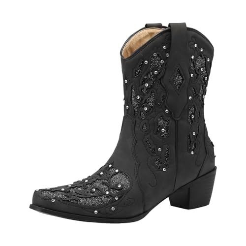 Xbemkste Stiefeletten Damen Cowboystiefel mit Absatz Vintage Westernstiefel mit Strass Warm Winterstiefel Schlupfen Halbstiefel Kurzschaft Boots Halbschaft Damenstiefel (40.5) von Xbemkste
