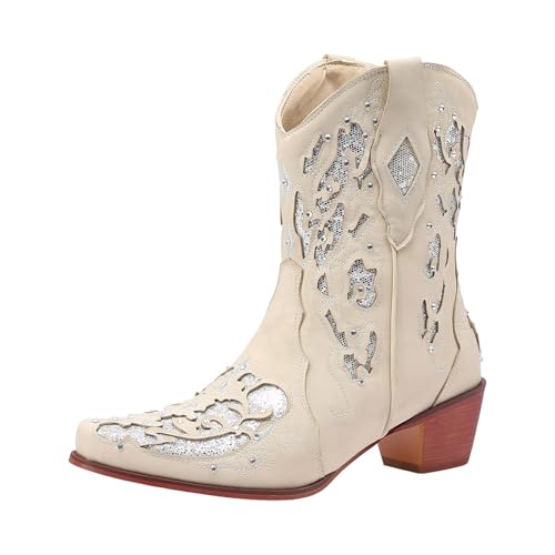 Xbemkste Stiefeletten Damen Cowboystiefel mit Absatz Vintage Westernstiefel mit Strass Warm Winterstiefel Schlupfen Halbstiefel Kurzschaft Boots Halbschaft Damenstiefel (Beige, 41) von Xbemkste