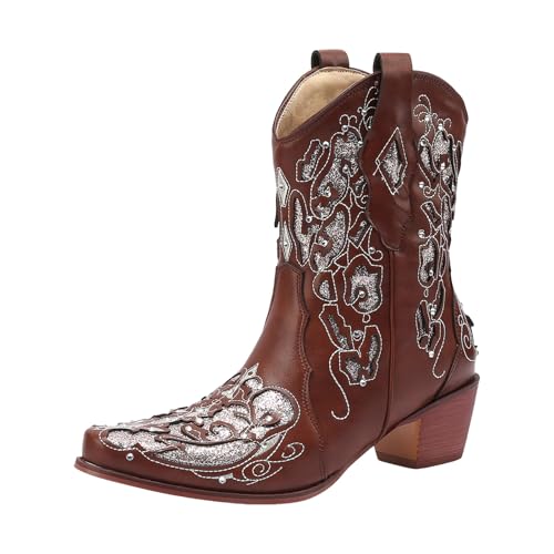 Xbemkste Stiefeletten Damen Cowboystiefel mit Absatz Vintage Westernstiefel mit Strass Warm Winterstiefel Schlupfen Halbstiefel Kurzschaft Boots Halbschaft Damenstiefel (Brown, 40.5) von Xbemkste