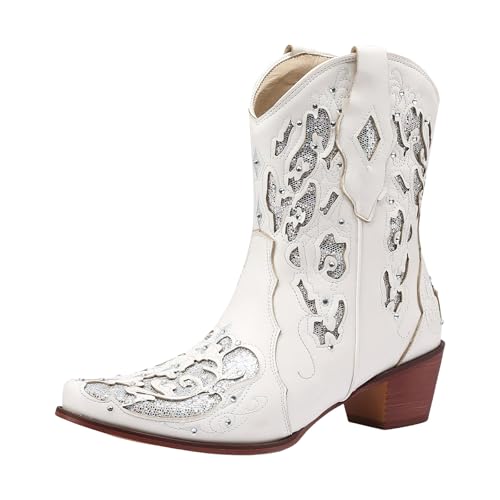 Xbemkste Stiefeletten Damen Cowboystiefel mit Absatz Vintage Westernstiefel mit Strass Warm Winterstiefel Schlupfen Halbstiefel Kurzschaft Boots Halbschaft Damenstiefel (White, 40) von Xbemkste