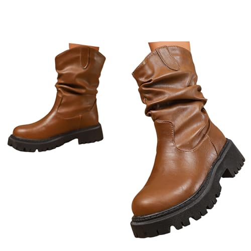 Xbemkste Stiefeletten Damen Cowboystiefel mit rutschfest Sohle Vintage Halbstiefel Bequemer Thermo Winterstiefel Halbschaft Boots Westernstiefel Elegant Damenstiefel (Brown, 37.5) von Xbemkste