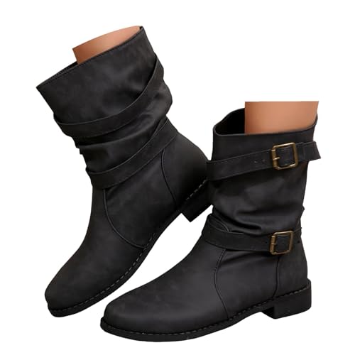 Xbemkste Stiefeletten Damen Flach mit Gürtelschnalle Elegant Halbstiefel Weitschaftstiefel Lässige Mittelschaftstiefel Kurzschaft Boots Damenstiefel Übergangsstiefel (37.5) von Xbemkste