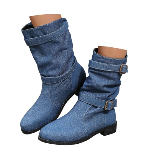 Xbemkste Stiefeletten Damen Flach mit Gürtelschnalle Elegant Halbstiefel Weitschaftstiefel Lässige Mittelschaftstiefel Kurzschaft Boots Damenstiefel Übergangsstiefel (Blue, 40) von Xbemkste