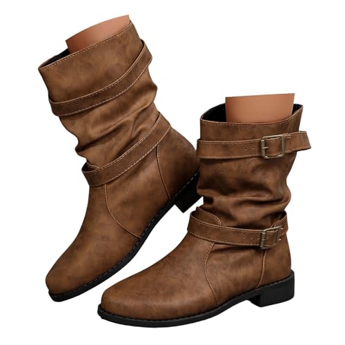 Xbemkste Stiefeletten Damen Flach mit Gürtelschnalle Elegant Halbstiefel Weitschaftstiefel Lässige Mittelschaftstiefel Kurzschaft Boots Damenstiefel Übergangsstiefel (Brown, 38.5) von Xbemkste