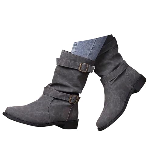 Xbemkste Stiefeletten Damen Flach mit Gürtelschnalle Elegant Halbstiefel Weitschaftstiefel Lässige Mittelschaftstiefel Kurzschaft Boots Damenstiefel Übergangsstiefel (Grey, 36) von Xbemkste