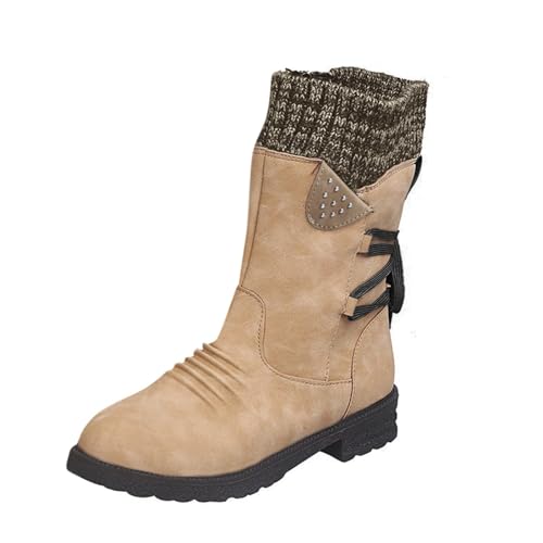 Xbemkste Stiefeletten Damen Halbstiefel mit Rutschfest Sohle Warm Schneestiefel Bequemer Flache Stiefel Gefüttert Boots Winter Mittelhoch Stiefel Thermo Winterstiefel (Khaki, 41) von Xbemkste