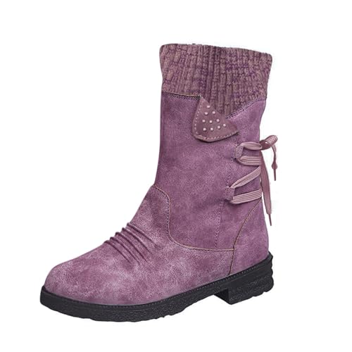 Xbemkste Stiefeletten Damen Halbstiefel mit Rutschfest Sohle Warm Schneestiefel Bequemer Flache Stiefel Gefüttert Boots Winter Mittelhoch Stiefel Thermo Winterstiefel (Purple, 40) von Xbemkste