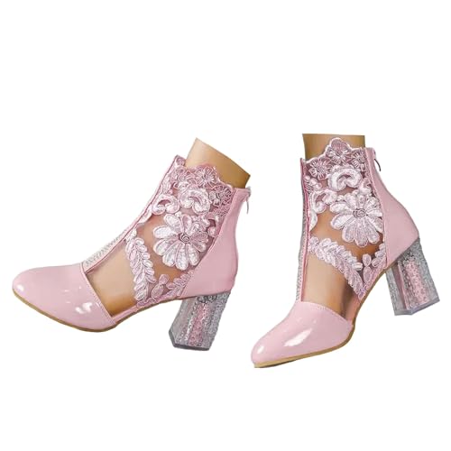 Xbemkste Stiefeletten Damen Kurzschaft Boots Elegante Spitze Blumen High Heels Mesh Strass Abend Party Brautschuhe Hochzeitsschuhe Schicke Knöchelstiefel Ankle Stiefel (37) von Xbemkste