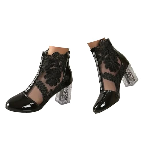Xbemkste Stiefeletten Damen Kurzschaft Boots Elegante Spitze Blumen High Heels Mesh Strass Abend Party Brautschuhe Hochzeitsschuhe Schicke Knöchelstiefel Ankle Stiefel (40.5) von Xbemkste