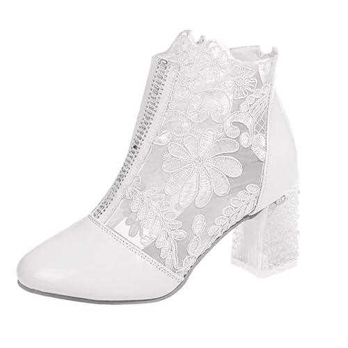 Xbemkste Stiefeletten Damen Kurzschaft Boots Elegante Spitze Blumen High Heels Mesh Strass Abend Party Brautschuhe Hochzeitsschuhe Schicke Knöchelstiefel Ankle Stiefel (White, 40.5) von Xbemkste
