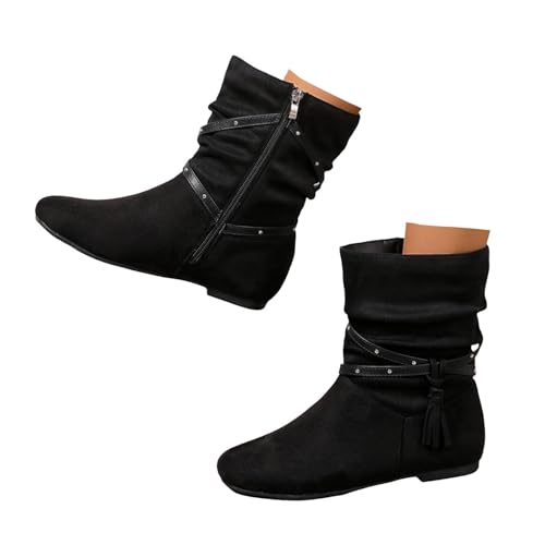 Xbemkste Stiefeletten Damen Kurzschaft Boots mit Reißverschluss Quasten Halbschaft Winterstiefel Gekräuselt Halbstiefel Elegant Damenstiefel Bikerstiefel Westernstiefel (40) von Xbemkste