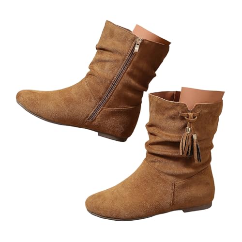 Xbemkste Stiefeletten Damen Kurzschaft Boots mit Reißverschluss Quasten Halbschaft Winterstiefel Gekräuselt Halbstiefel Elegant Damenstiefel Bikerstiefel Westernstiefel (Coffee, 36) von Xbemkste
