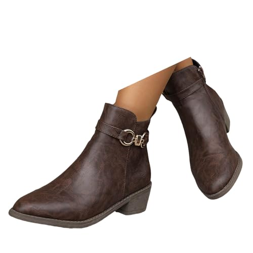 Xbemkste Stiefeletten Damen Lederstiefel mit Absatz Chelsea Boots Elegant Kurzschaft Boots mit Gürtelschnalle seitlicher Reißverschluss Knöchelstiefel Ankle Stiefel (Coffee, 40.5) von Xbemkste