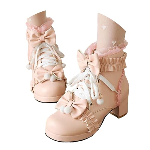 Xbemkste Stiefeletten Damen Lolita High Heels Runde Kopf Dicke Ferse Lace Up Sweet Ruffled Schleife Jk Uniform Lolita Blockabsatz Stiefel Süße Knöchelstiefel Ankle Boots (36) von Xbemkste
