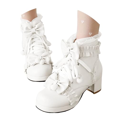 Xbemkste Stiefeletten Damen Lolita High Heels Runde Kopf Dicke Ferse Lace Up Sweet Ruffled Schleife Jk Uniform Lolita Blockabsatz Stiefel Süße Knöchelstiefel Ankle Boots (White, 39) von Xbemkste
