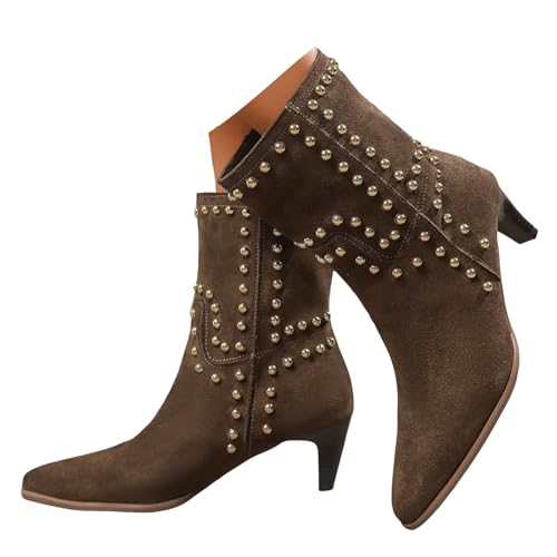 Xbemkste Stiefeletten Damen Mit Absatz Wildleder Schlupfstiefel Mit Nieten Kurzstiefel Knöchelstiefel Halbhohe Bequemer Absatz Ankle Boots Halbschaft Damenstiefel (Brown, 38.5) von Xbemkste