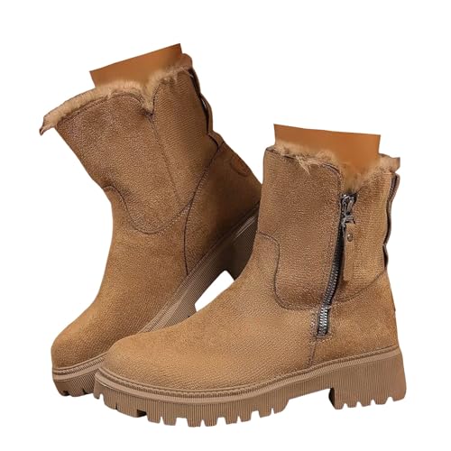 Xbemkste Stiefeletten Damen Mitte Kalb Stiefel Warm Gefüttert Winterstiefel mit seitlicher Reißverschluss und rutschfest Sohle Wildleder Halbstiefel Bequeme Damenstiefel (Khaki, 37.5) von Xbemkste