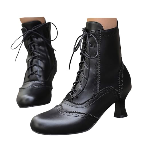 Xbemkste Stiefeletten Damen Viktorianische Stiefel mit Absatz Vintage Ankle Boots Lace Up Ritter Stiefel Mittelalter Schuhe Kurzstiefel Schnürstiefel Elegant Knöchelstiefel (39) von Xbemkste