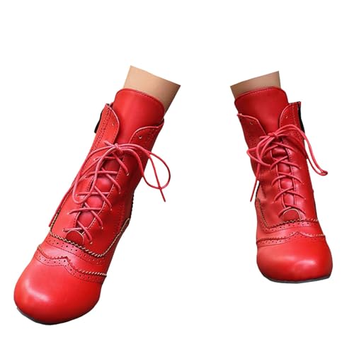 Xbemkste Stiefeletten Damen Viktorianische Stiefel mit Absatz Vintage Ankle Boots Lace Up Ritter Stiefel Mittelalter Schuhe Kurzstiefel Schnürstiefel Elegant Knöchelstiefel (Red, 36) von Xbemkste