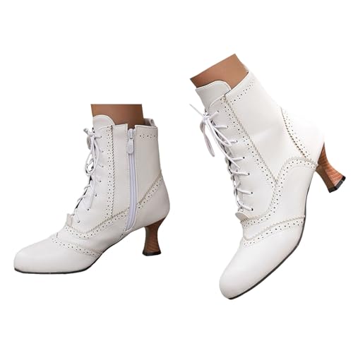 Xbemkste Stiefeletten Damen Viktorianische Stiefel mit Absatz Vintage Ankle Boots Lace Up Ritter Stiefel Mittelalter Schuhe Kurzstiefel Schnürstiefel Elegant Knöchelstiefel (White, 37) von Xbemkste
