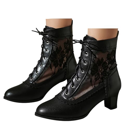 Xbemkste Stiefeletten Damen Vintage Viktorianische Stiefel mit Schnürung Mittelkalb Stiefel Hochzeitskleid Boots Elegant Kurzschaft Boots Knöchelstiefel (36) von Xbemkste