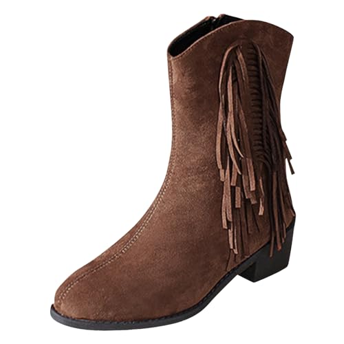 Xbemkste Stiefeletten Damen Wildleder Halbstiefel mit Quasten seitlicher Reißverschluss Vintage Kurzschaft Boots Westernstiefel Bequemer Absatz Halbhohe Damenstiefel (Brown, 38.5) von Xbemkste