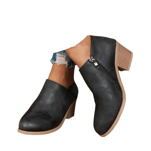 Xbemkste Stiefeletten Damen mit Absatz Ankle Boots seitlicher Reißverschluss Elegant Kurzstiefel Knöchelstiefel Biker Booties Lässige Damenstiefel Kurz Lederstiefel (37.5) von Xbemkste