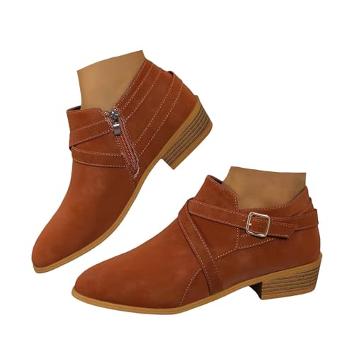 Xbemkste Stiefeletten Damen mit Absatz Bequemer Knöchelstiefel Ankle Boots Spitzer Zehenbereich Trachten Schuhe Retro Kurzstiefel Chelsea Boots Einfarbige Kurzschaft Stiefel (Orange, 38.5) von Xbemkste