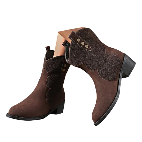 Xbemkste Stiefeletten Damen mit Absatz Cowboystiefel Elegant Kurzschaft Boots Westernstiefel Schlupfen Knöchelstiefel Vintage Mittelhoch Stiefel Halbstiefel Damenstiefel (Coffee, 37) von Xbemkste