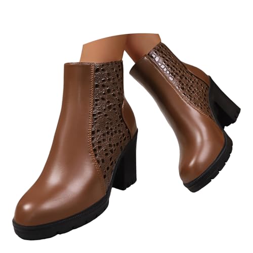 Xbemkste Stiefeletten Damen mit Absatz Elegant Knöchelstiefel Runde Zehe Wasserdicht Stiefel mit Reißverschluss Dull Kurzschaft Boots Bequeme Ankle Boots (Brown, 40.5) von Xbemkste