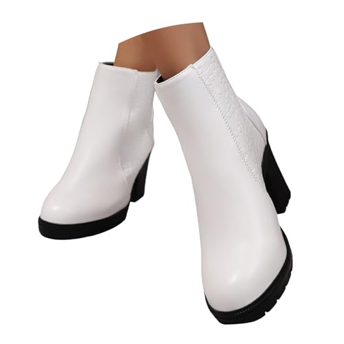 Xbemkste Stiefeletten Damen mit Absatz Elegant Knöchelstiefel Runde Zehe Wasserdicht Stiefel mit Reißverschluss Dull Kurzschaft Boots Bequeme Ankle Boots (White, 38.5) von Xbemkste