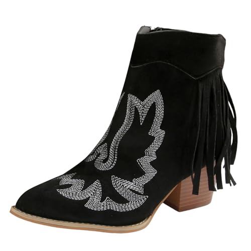 Xbemkste Stiefeletten Damen mit Absatz Elegant Knöchelstiefel mit Reißverschluss und Stickereien Fransenstiefel Spitze Zehe Kurzschaft Boots Wildleder Halbstiefel (41) von Xbemkste