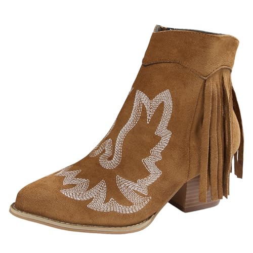 Xbemkste Stiefeletten Damen mit Absatz Elegant Knöchelstiefel mit Reißverschluss und Stickereien Fransenstiefel Spitze Zehe Kurzschaft Boots Wildleder Halbstiefel (Brown, 37) von Xbemkste