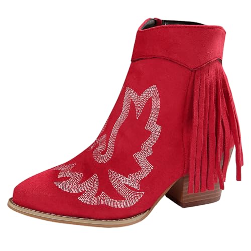 Xbemkste Stiefeletten Damen mit Absatz Elegant Knöchelstiefel mit Reißverschluss und Stickereien Fransenstiefel Spitze Zehe Kurzschaft Boots Wildleder Halbstiefel (Red, 41) von Xbemkste