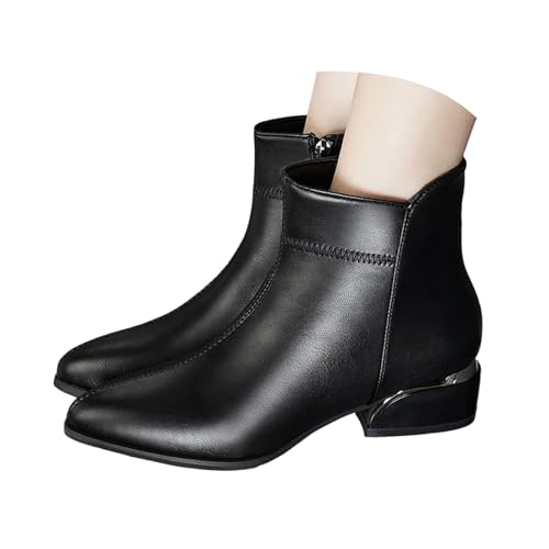 Xbemkste Stiefeletten Damen mit Absatz Elegant Lederstiefel Kurzschaft Boots mit Reißverschluss Spitze Zehe Business-Schuhe Knöchelstiefel Ankle Stiefel Damenstiefel (38.5) von Xbemkste