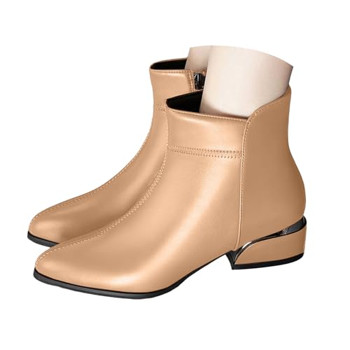 Xbemkste Stiefeletten Damen mit Absatz Elegant Lederstiefel Kurzschaft Boots mit Reißverschluss Spitze Zehe Business-Schuhe Knöchelstiefel Ankle Stiefel Damenstiefel (Beige, 38.5) von Xbemkste