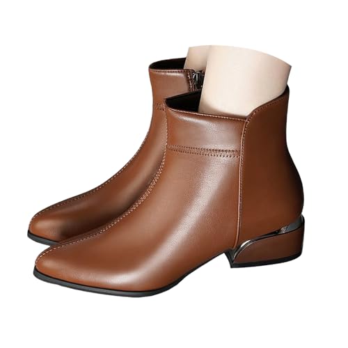 Xbemkste Stiefeletten Damen mit Absatz Elegant Lederstiefel Kurzschaft Boots mit Reißverschluss Spitze Zehe Business-Schuhe Knöchelstiefel Ankle Stiefel Damenstiefel (Brown, 40) von Xbemkste
