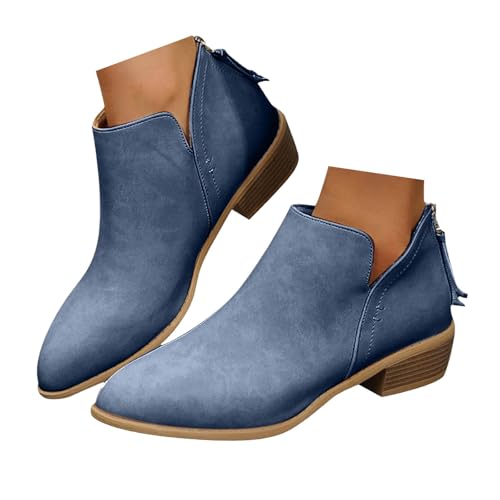 Xbemkste Stiefeletten Damen mit Absatz Reißverschluss Spitze Zehe Elegant Kurzschaft Boots Knöchelstiefel Lässige Ankle Boots Damenstiefel Wildlederstiefel (Blue, 38) von Xbemkste