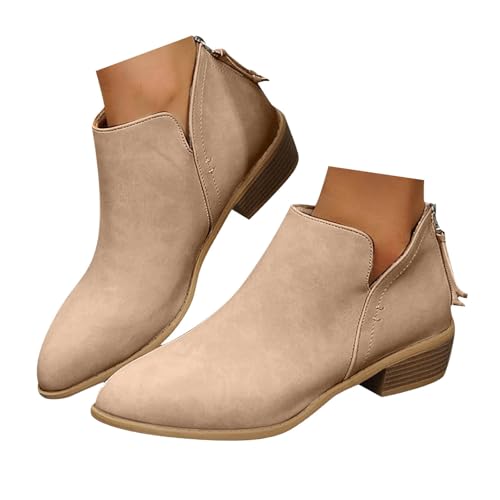 Xbemkste Stiefeletten Damen mit Absatz Reißverschluss Spitze Zehe Elegant Kurzschaft Boots Knöchelstiefel Lässige Ankle Boots Damenstiefel Wildlederstiefel (Khaki, 42) von Xbemkste