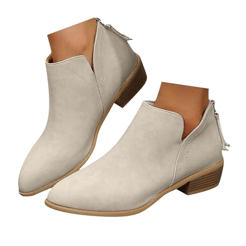 Xbemkste Stiefeletten Damen mit Absatz Reißverschluss Spitze Zehe Elegant Kurzschaft Boots Knöchelstiefel Lässige Ankle Boots Damenstiefel Wildlederstiefel (White, 36) von Xbemkste