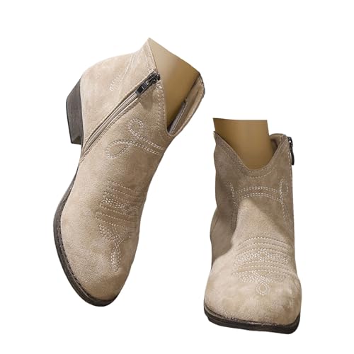 Xbemkste Stiefeletten Damen mit Absatz Reißverschluss Stickereien Knöchelstiefel Runde Zehe Elegant Kurzschaft Boots Ankle Stiefel Winterstiefel Bequeme Damenstiefel (Khaki, 37.5) von Xbemkste