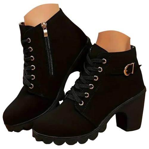 Xbemkste Stiefeletten Damen mit Absatz Runde Zehe Kurz Schnürstiefel Elegant Knöchelstiefel mit Rutschfest Sohle Kurzschaft Boots Bequeme Damenstiefel Übergangsstiefel (38.5) von Xbemkste