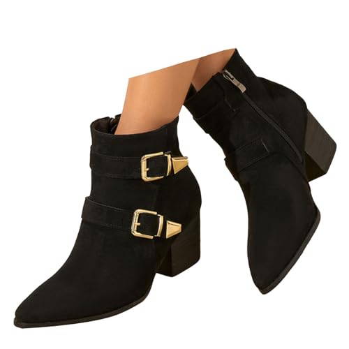 Xbemkste Stiefeletten Damen mit Absatz Spitze Zehe Gürtelschnalle Kurzschaft Boots Elegant Knöchelstiefel Halbschaft Winterstiefel Vintage Damenstiefel Mittelhoch Boots (40) von Xbemkste