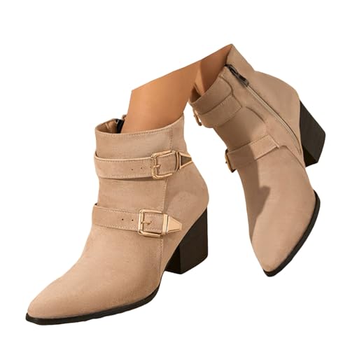 Xbemkste Stiefeletten Damen mit Absatz Spitze Zehe Gürtelschnalle Kurzschaft Boots Elegant Knöchelstiefel Halbschaft Winterstiefel Vintage Damenstiefel Mittelhoch Boots (Beige, 40.5) von Xbemkste